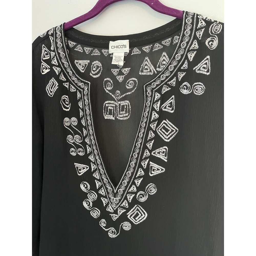 Chico's Women's Lightweight Semi-Sheer Cover Up Tunic Size 1 Black White Embroid - Picture 3 of 10
